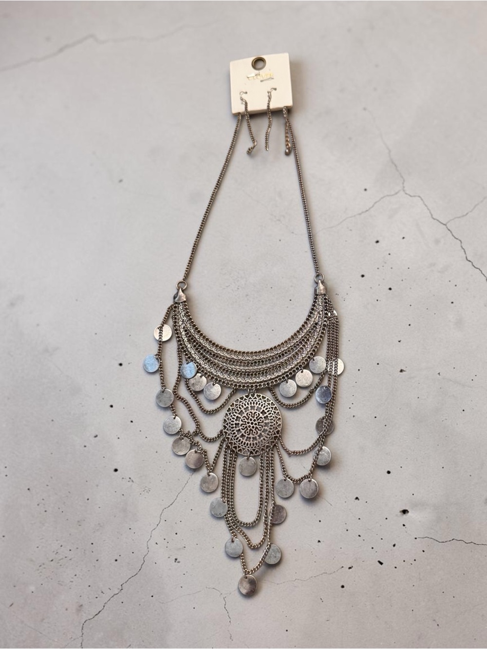 Clover Boho Statement Necklace & Earrings Set Silver Coin Layered Bib NWT